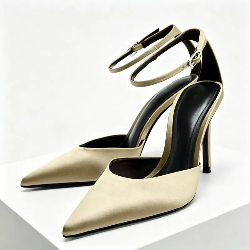 Luxury Silk Satin Design Pumps Pointed Toe Metal Buckle Ankle Strap Heel