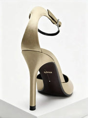 Luxury Silk Satin Design Pumps Pointed Toe Metal Buckle Ankle Strap Heel