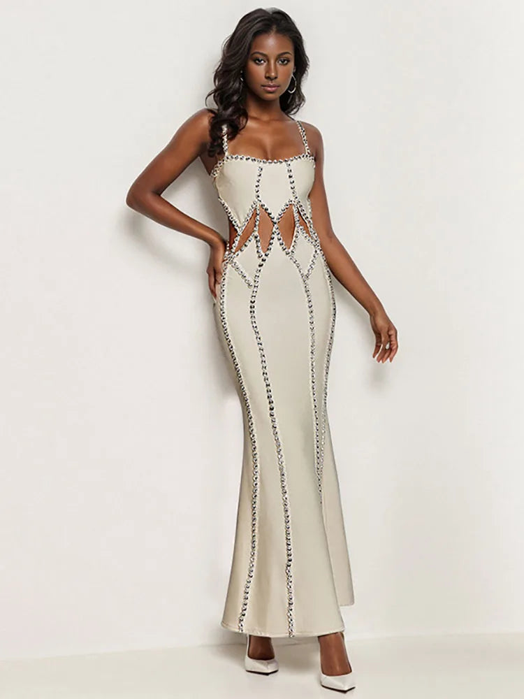 Luxury Sleeveless Diamonds Slim Spaghetti Strap Hollow Out Crystal Bandage Long Maxi Dress
