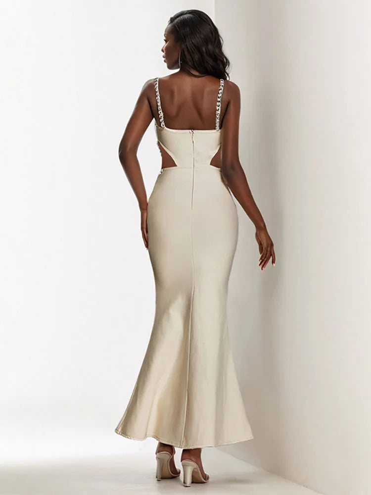 Luxury Sleeveless Diamonds Slim Spaghetti Strap Hollow Out Crystal Bandage Long Maxi Dress