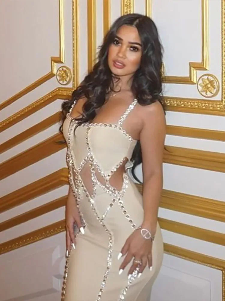 Luxury Sleeveless Diamonds Slim Spaghetti Strap Hollow Out Crystal Bandage Long Maxi Dress