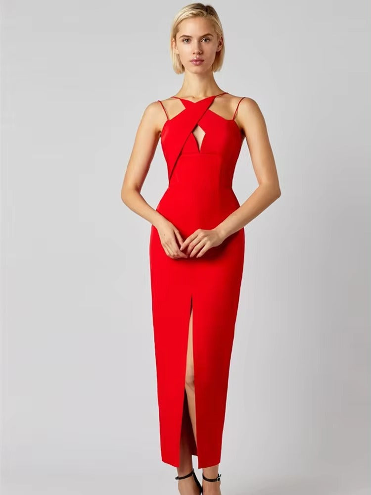 Luxury Sleeveless Key Hole Split Backless Midi Bandage Dress