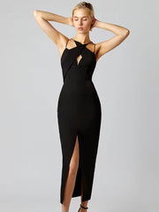 Luxury Sleeveless Key Hole Split Backless Midi Bandage Dress