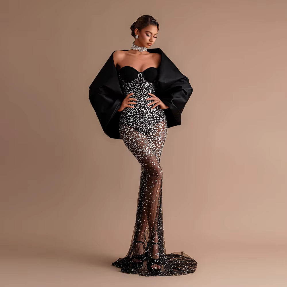 Luxury Sparkle Crystal Beaded Illusion Mermaid Bow Evening Maxi Dresses