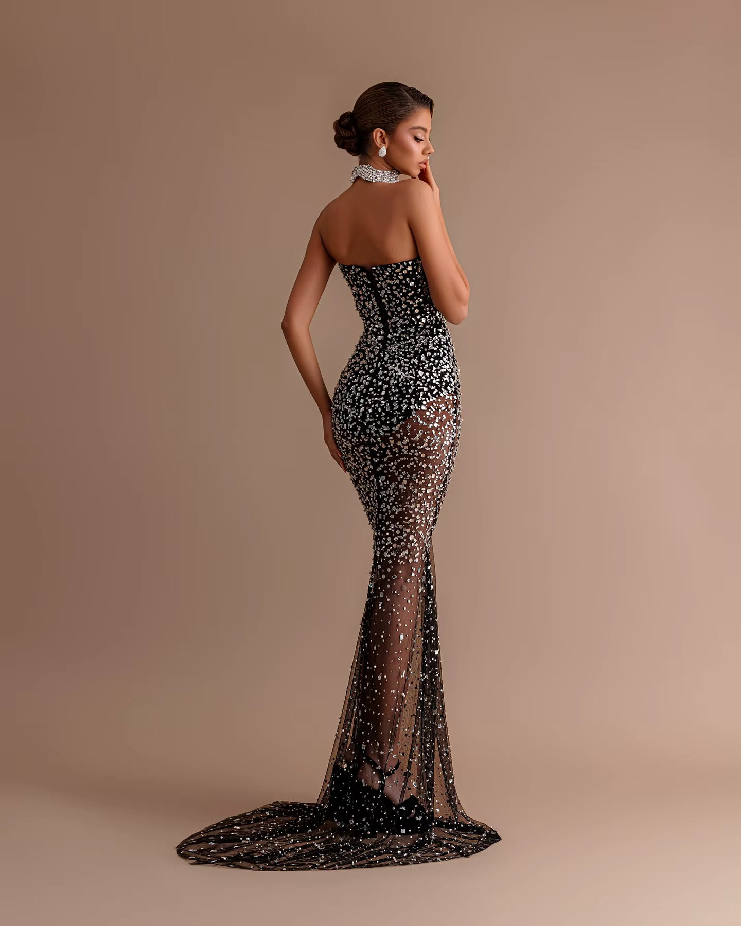 Luxury Sparkle Crystal Beaded Illusion Mermaid Bow Evening Maxi Dresses
