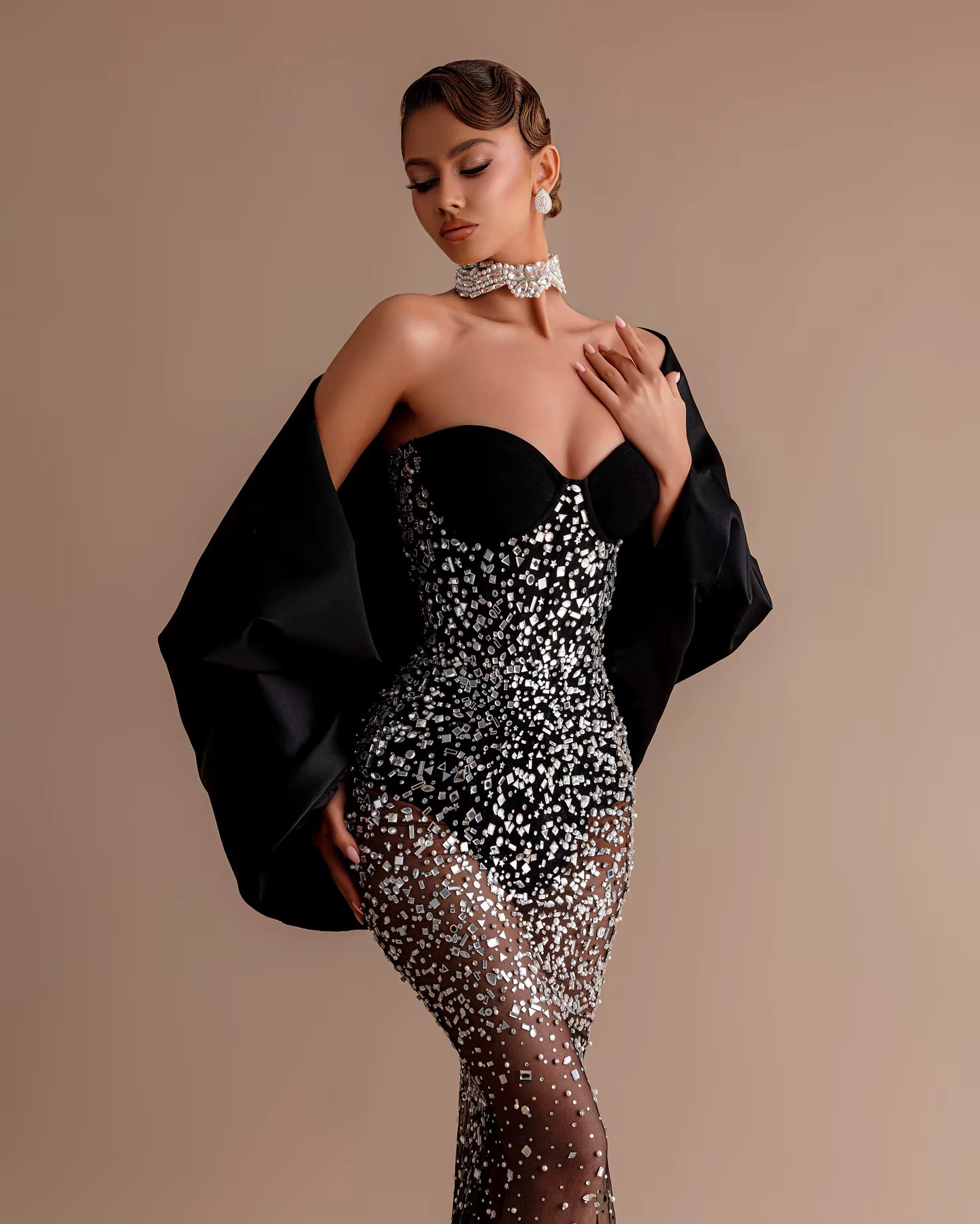 Luxury Sparkle Crystal Beaded Illusion Mermaid Bow Evening Maxi Dresses