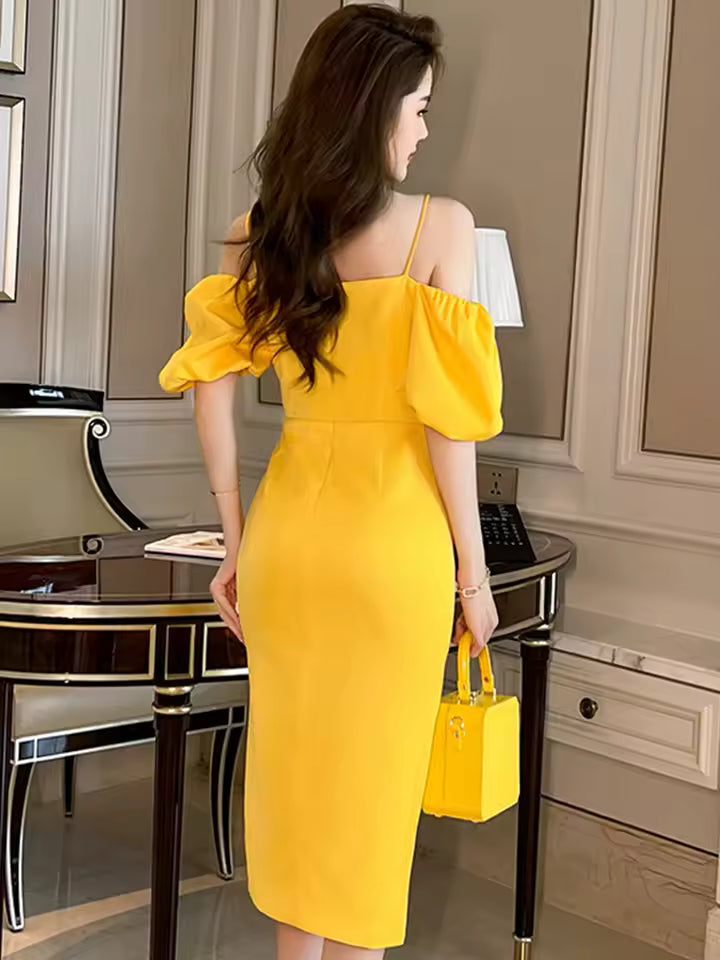 Luxury Sparkly slash neck diamonds Off-Shoulder Slim Slit Midi Dress