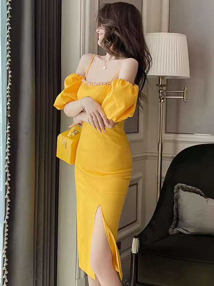 Luxury Sparkly slash neck diamonds Off-Shoulder Slim Slit Midi Dress