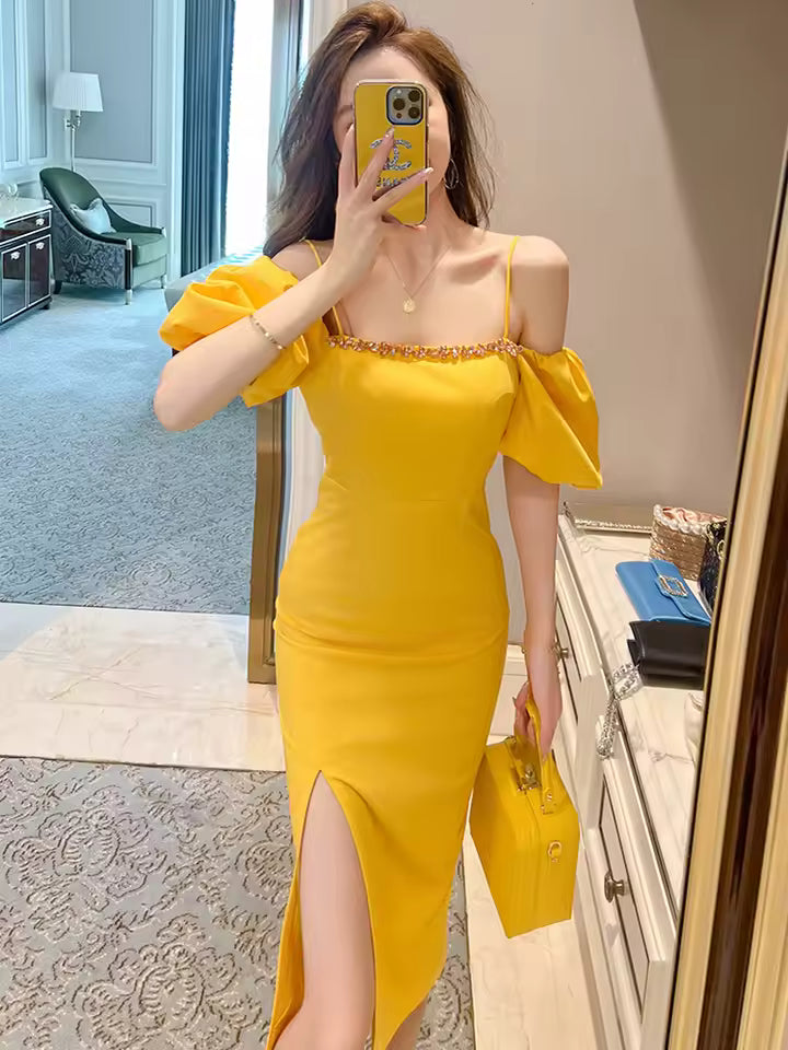 Luxury Sparkly slash neck diamonds Off-Shoulder Slim Slit Midi Dress