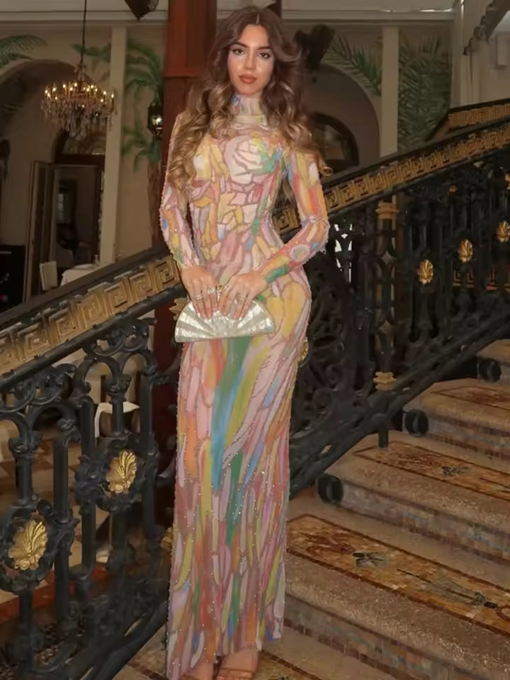 Luxury Stage Performance Painting Crystal Diamonds Maxi Long Dress