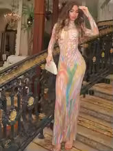 Luxury Stage Performance Painting Crystal Diamonds Maxi Long Dress