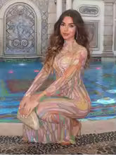 Luxury Stage Performance Painting Crystal Diamonds Maxi Long Dress