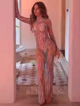 Luxury Stage Performance Painting Crystal Diamonds Maxi Long Dress