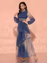 Luxury Stand Collar Lantern Sleeves And Ruffle Gradient Fabric Dress