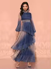 Luxury Stand Collar Lantern Sleeves And Ruffle Gradient Fabric Dress