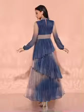 Luxury Stand Collar Lantern Sleeves And Ruffle Gradient Fabric Dress