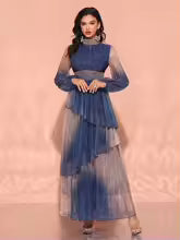 Luxury Stand Collar Lantern Sleeves And Ruffle Gradient Fabric Dress