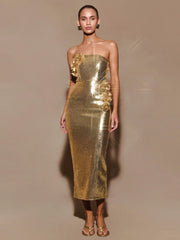 Luxury Strapless Flower Glitter Sequins Sleeveless Evening Party Long Bodycon Midi Dress