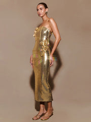 Luxury Strapless Flower Glitter Sequins Sleeveless Evening Party Long Bodycon Midi Dress