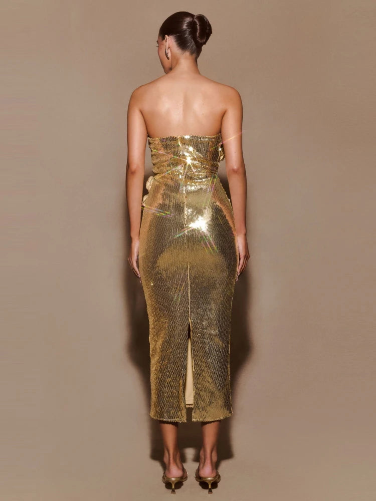 Luxury Strapless Flower Glitter Sequins Sleeveless Evening Party Long Bodycon Midi Dress