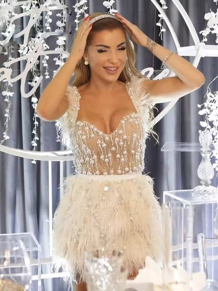 Luxury Straps Sleeveless Feather Design Club Party Mini Dress