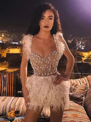 Luxury Straps Sleeveless Feather Design Club Party Mini Dress