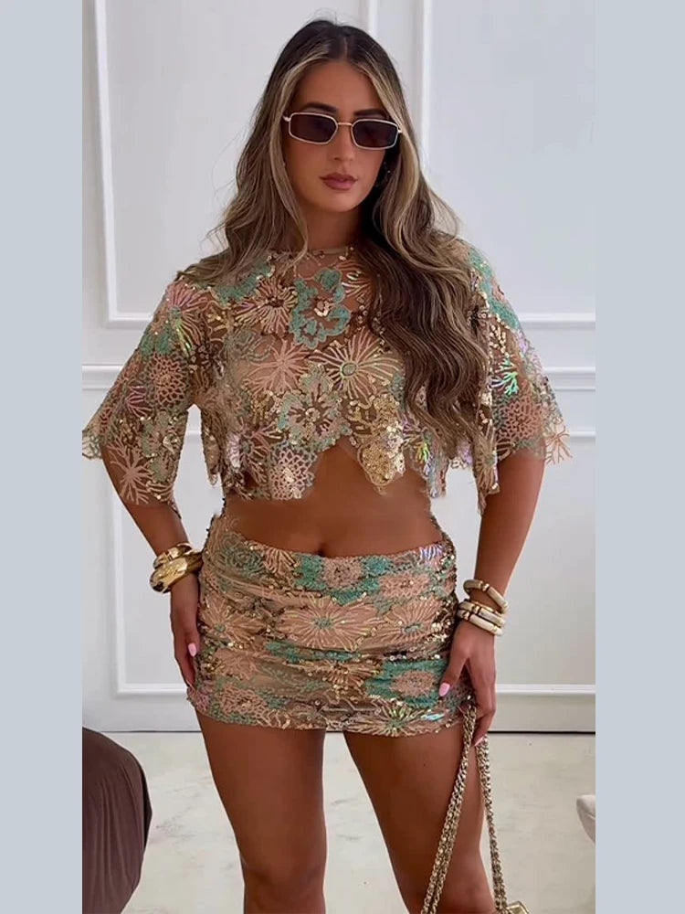 Luxury Transparent Embroidery Sequined O-neck Short Sleeve Top Skirt Suits