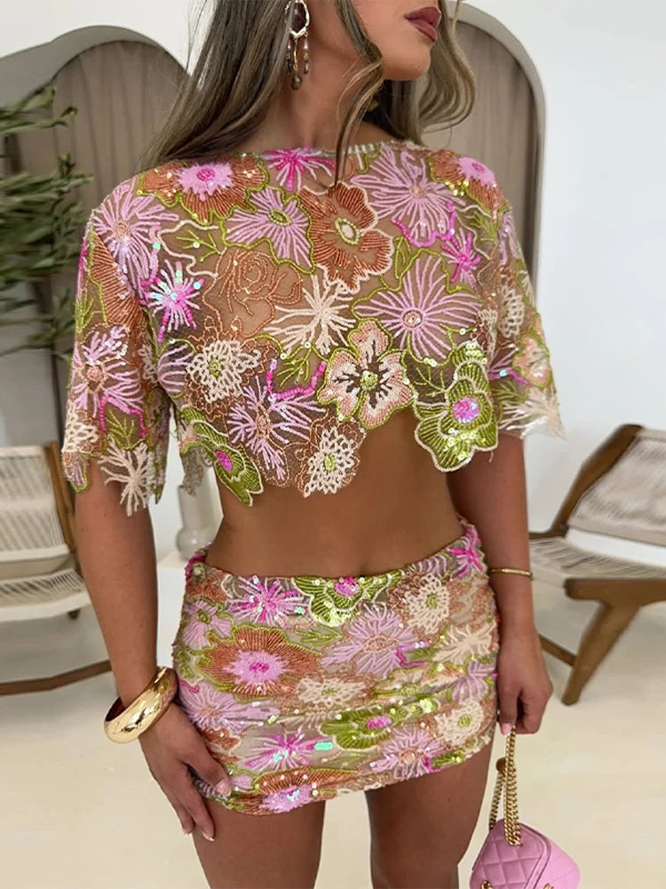 Luxury Transparent Embroidery Sequined O-neck Short Sleeve Top Skirt Suits