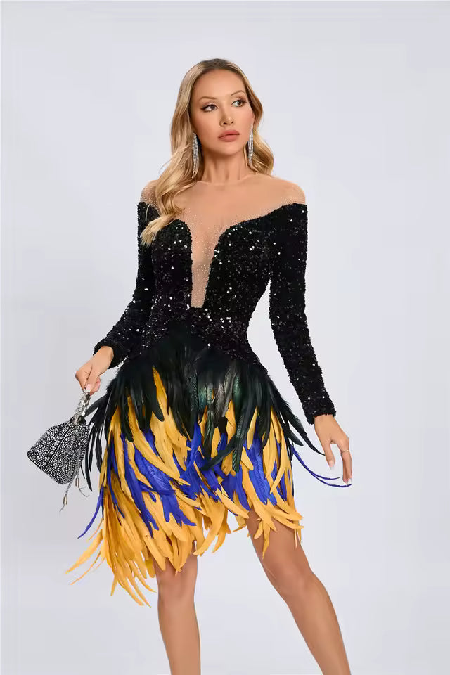 Luxury Tulle Inset Long Sleeve Beading Sequins Feathers Patchwork Bodycon Mini Dress
