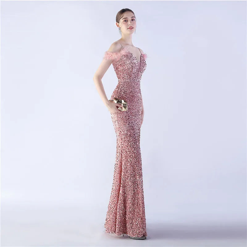 Luxury V-Neck Feathers Ostrich Fur High Density Sequin Sleeveless Maxi Dress