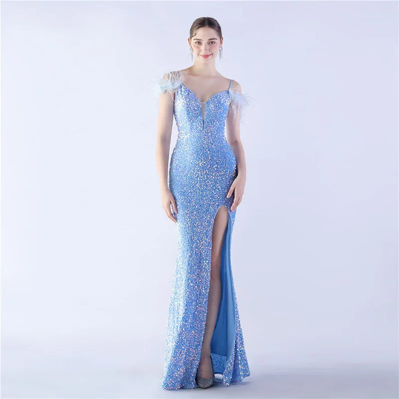 Luxury V-Neck Feathers Ostrich Fur High Density Sequin Sleeveless Maxi Dress
