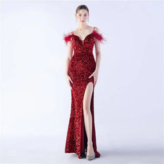 Luxury V-Neck Feathers Ostrich Fur High Density Sequin Sleeveless Maxi Dress