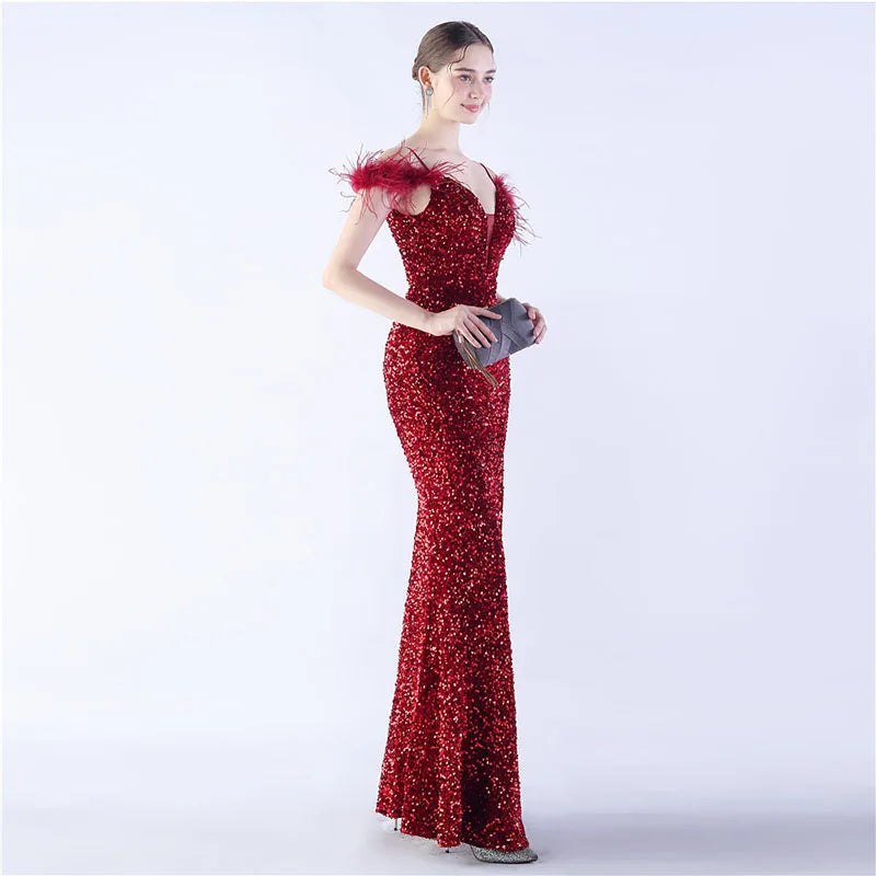 Luxury V-Neck Feathers Ostrich Fur High Density Sequin Sleeveless Maxi Dress