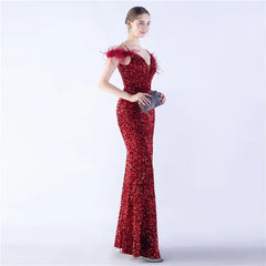 Luxury V-Neck Feathers Ostrich Fur High Density Sequin Sleeveless Maxi Dress