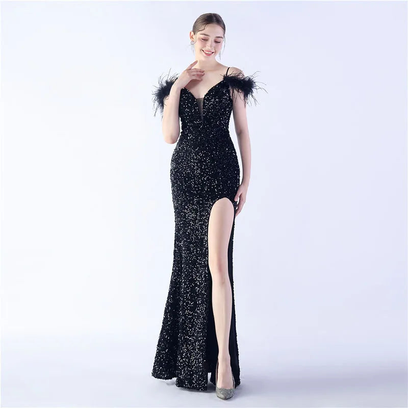 Luxury V-Neck Feathers Ostrich Fur High Density Sequin Sleeveless Maxi Dress