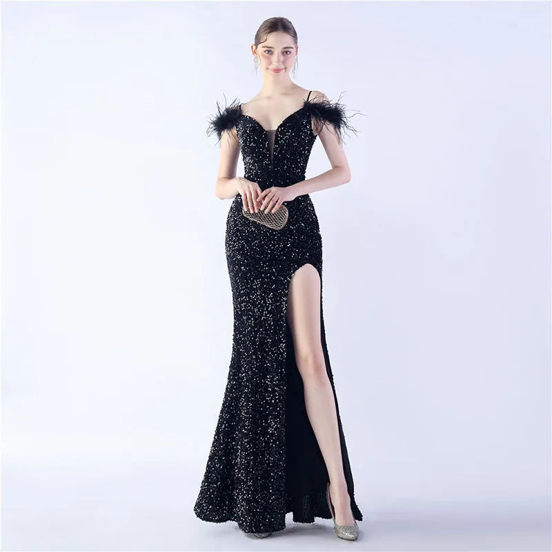 Luxury V-Neck Feathers Ostrich Fur High Density Sequin Sleeveless Maxi Dress