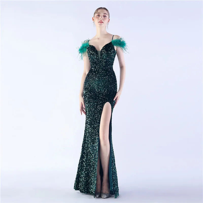 Luxury V-Neck Feathers Ostrich Fur High Density Sequin Sleeveless Maxi Dress
