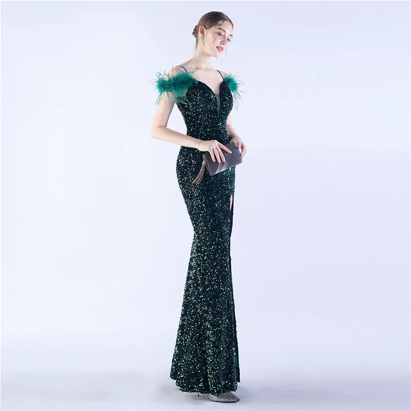 Luxury V-Neck Feathers Ostrich Fur High Density Sequin Sleeveless Maxi Dress