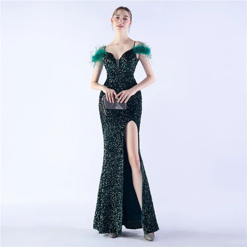 Luxury V-Neck Feathers Ostrich Fur High Density Sequin Sleeveless Maxi Dress