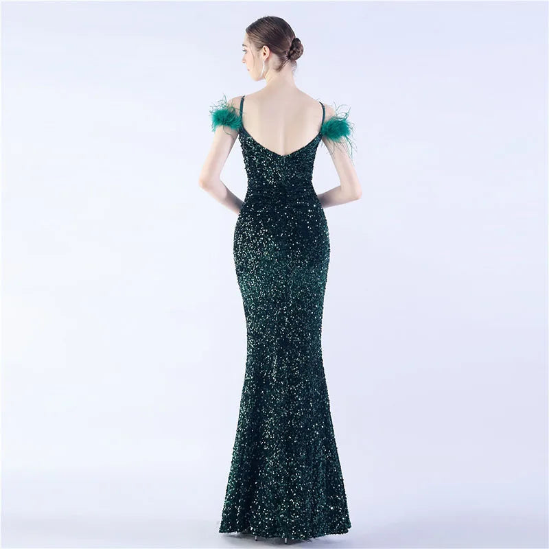Luxury V-Neck Feathers Ostrich Fur High Density Sequin Sleeveless Maxi Dress