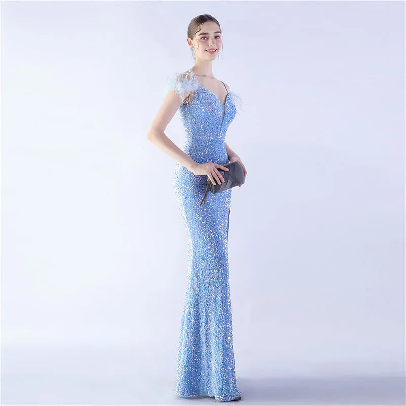 Luxury V-Neck Feathers Ostrich Fur High Density Sequin Sleeveless Maxi Dress