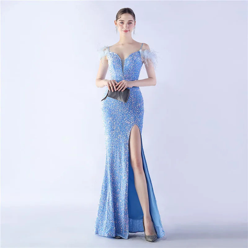 Luxury V-Neck Feathers Ostrich Fur High Density Sequin Sleeveless Maxi Dress
