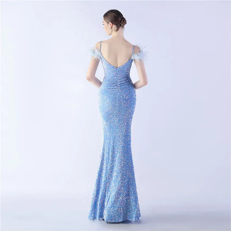 Luxury V-Neck Feathers Ostrich Fur High Density Sequin Sleeveless Maxi Dress