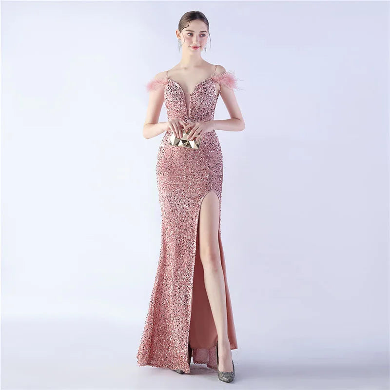 Luxury V-Neck Feathers Ostrich Fur High Density Sequin Sleeveless Maxi Dress