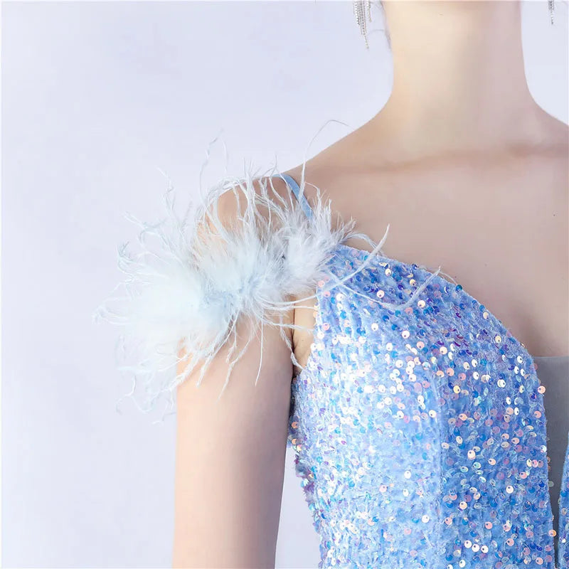 Luxury V-Neck Feathers Ostrich Fur High Density Sequin Sleeveless Maxi Dress
