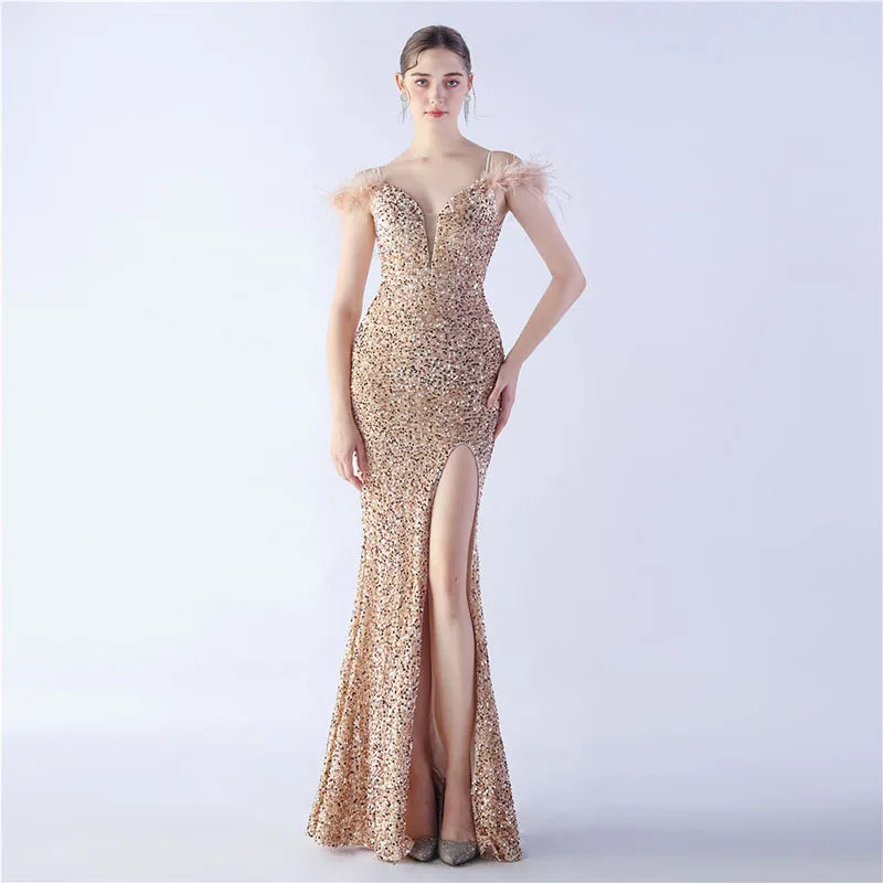 Luxury V-Neck Feathers Ostrich Fur High Density Sequin Sleeveless Maxi Dress
