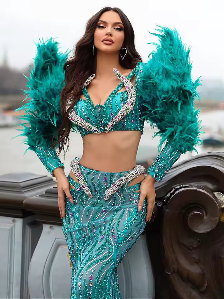 Luxury V-Neck Long Sleeve Sequins Feather Maxi Long Mermaid Gowns Dress