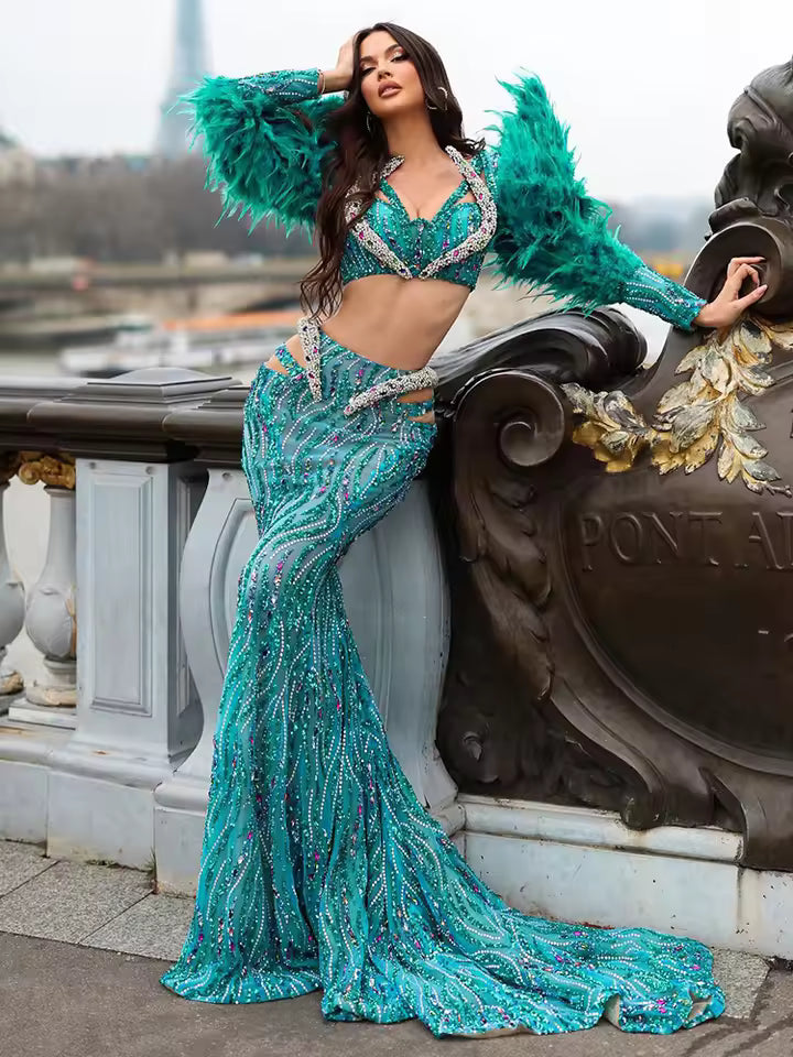 Luxury V-Neck Long Sleeve Sequins Feather Maxi Long Mermaid Gowns Dress