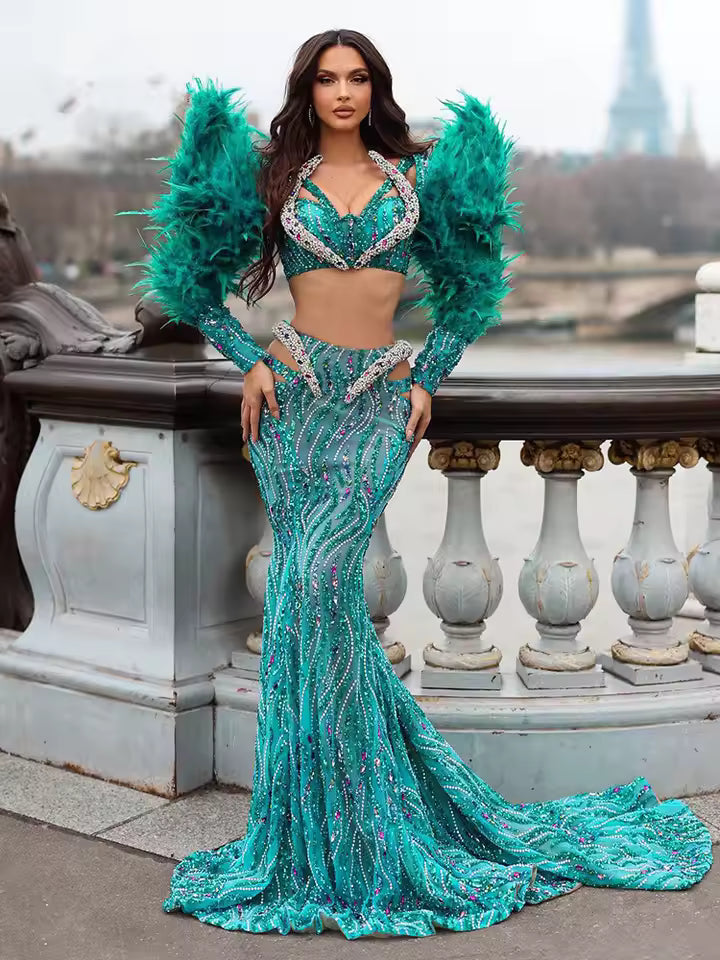 Luxury V-Neck Long Sleeve Sequins Feather Maxi Long Mermaid Gowns Dress