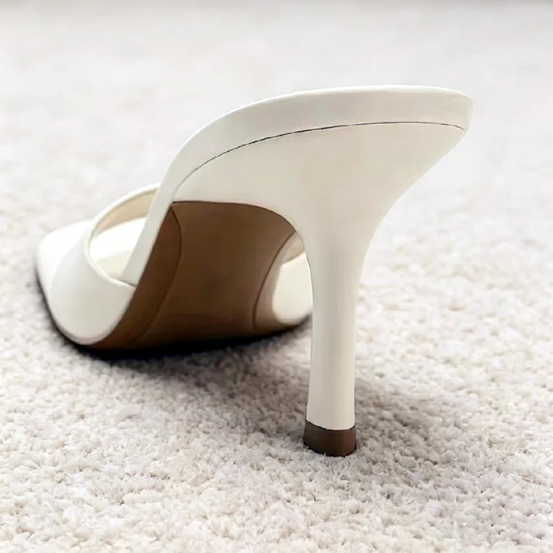 Luxury Wide-Strap Square-Toe Slippers Stiletto Mules Sandals for Ladies High Heel